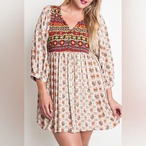 Umgee+ Boho Western Mixed Print Balloon Sleeve Baby Doll Dress